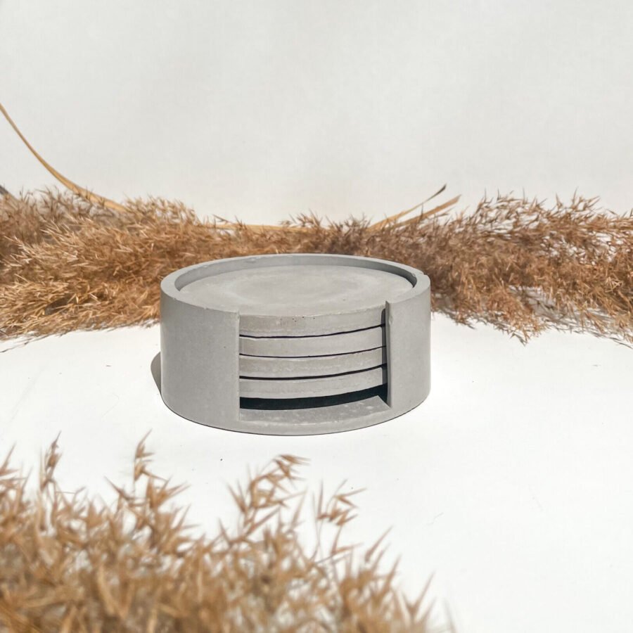 Lot de 4 dessous de verre ronds en béton avec support de rangement fabriqué à la main.